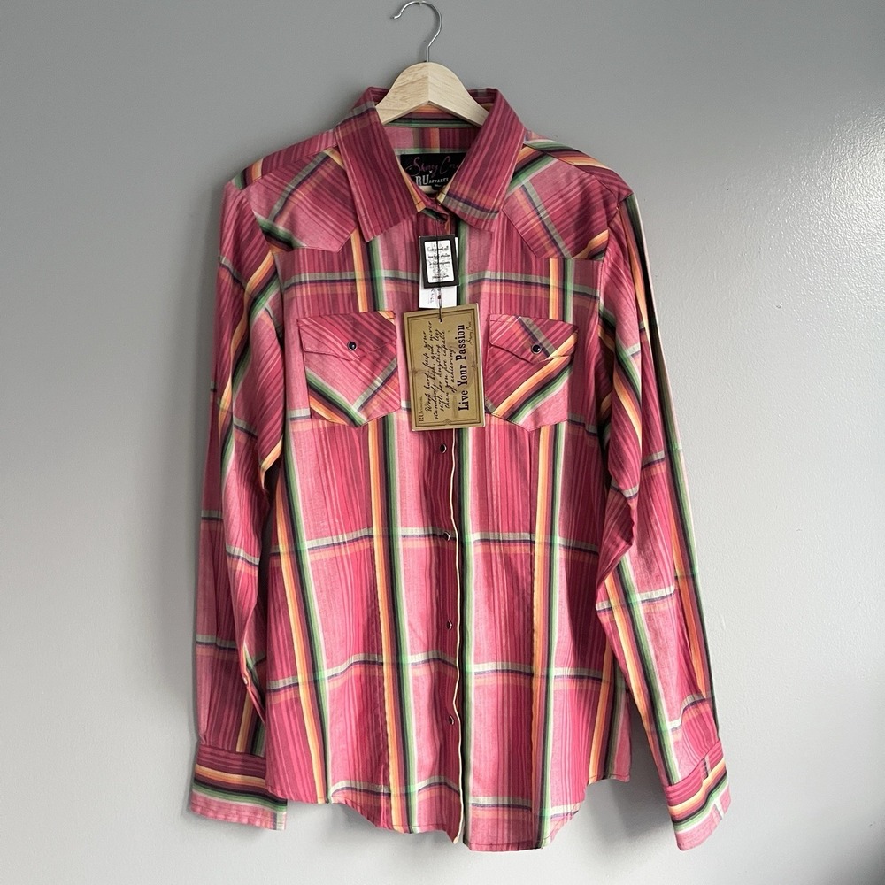 Sherry Cervi x Ru Plaid‎ Pearl Snap Shirt Pockets Pink Lightweight XL NWT